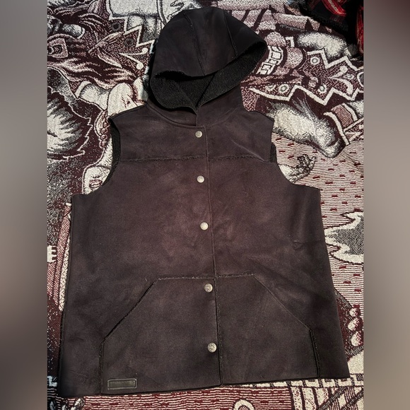 Ralph Lauren Faux Suede/Shearling Hooded Vest, Black, Womens Large, Sherpa Lined - Picture 1 of 5